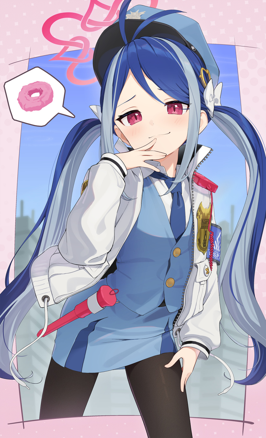 1girl antenna_hair black_pantyhose blue_archive blue_hair blue_headwear blue_necktie blue_skirt blue_vest blush bow closed_mouth collared_shirt doughnut food fubuki_(blue_archive) grey_hair hair_bow halo hat highres jacket kanpa_(campagne_9) long_hair long_sleeves looking_at_viewer multicolored_hair necktie open_clothes open_jacket pantyhose parted_bangs pink_halo red_eyes shirt skirt smile solo streaked_hair twintails vest white_bow white_jacket white_shirt
