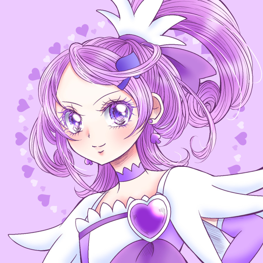 1girl brooch choker closed_mouth commentary cure_sword dokidoki!_precure dress earrings hair_ornament hair_ribbon heart heart_brooch high_ponytail jewelry looking_at_viewer magical_girl medium_hair precure purple_background purple_choker purple_dress purple_hair purple_ribbon purple_theme ribbon shopan_(melody1015jump) smile solo spade_(shape) spade_earrings spade_hair_ornament swept_bangs upper_body violet_eyes