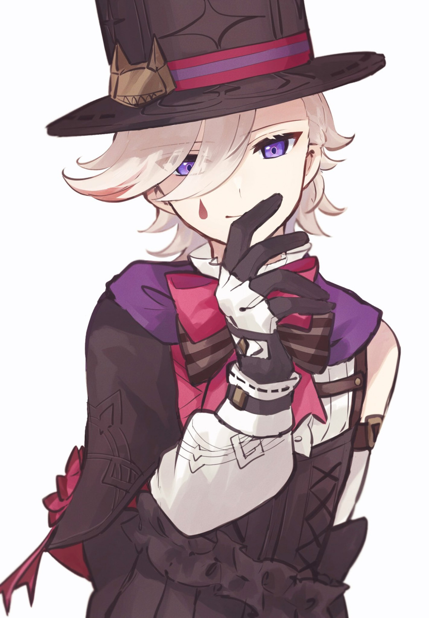 1boy asymmetrical_sleeves black_corset black_gloves black_headwear blonde_hair bow bowtie cape closed_mouth collared_shirt corset finger_to_mouth frills genshin_impact gloves hat highres huge_bow looking_at_viewer lyney_(genshin_impact) male_focus nekorin_chu shirt short_hair simple_background smile solo teardrop_facial_mark teardrop_tattoo top_hat two-tone_gloves upper_body violet_eyes white_background white_gloves