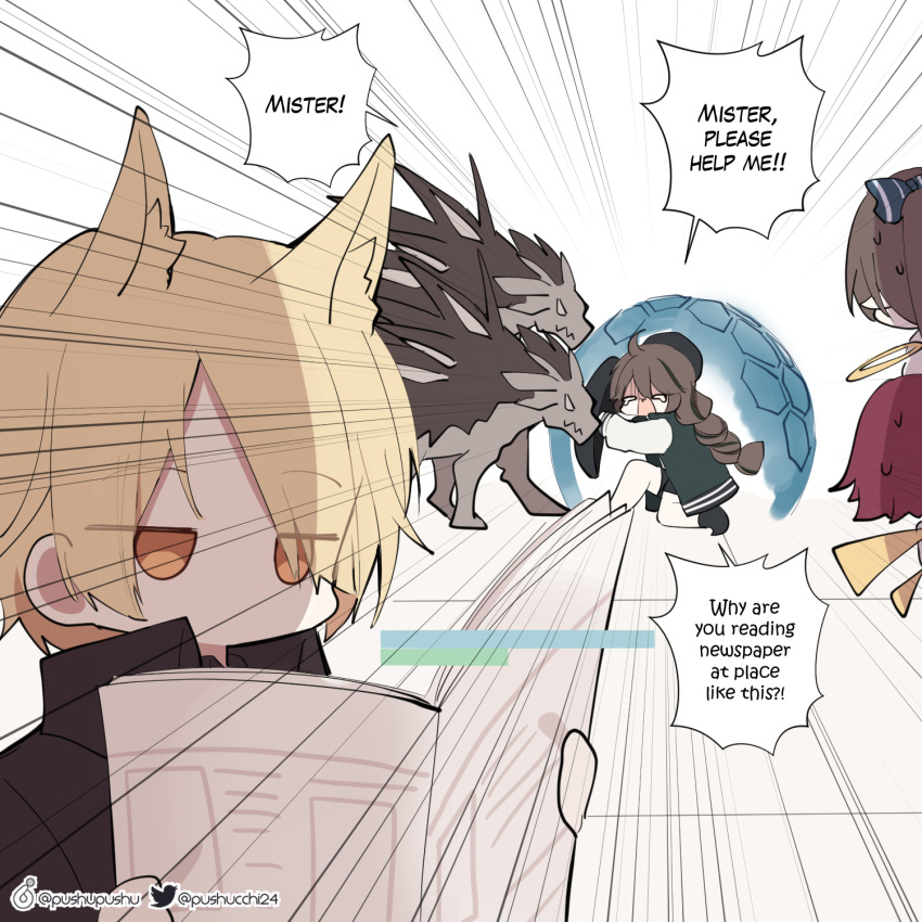 1boy 3girls ahoge animal_ear_fluff animal_ears arknights black_headwear blonde_hair bow braid brown_hair coat crying crying_with_eyes_open cuora_(arknights) energy_barrier english_text exusiai_(arknights) from_behind gameplay_mechanics hair_bow halo hat health_bar highres holding holding_newspaper holding_shield horse_boy horse_ears jacket long_sleeves mlynar_(arknights) multiple_girls newspaper open_clothes open_jacket open_mouth perfumer_(arknights) pushu reading redhead shield short_hair smile tears wings yellow_eyes