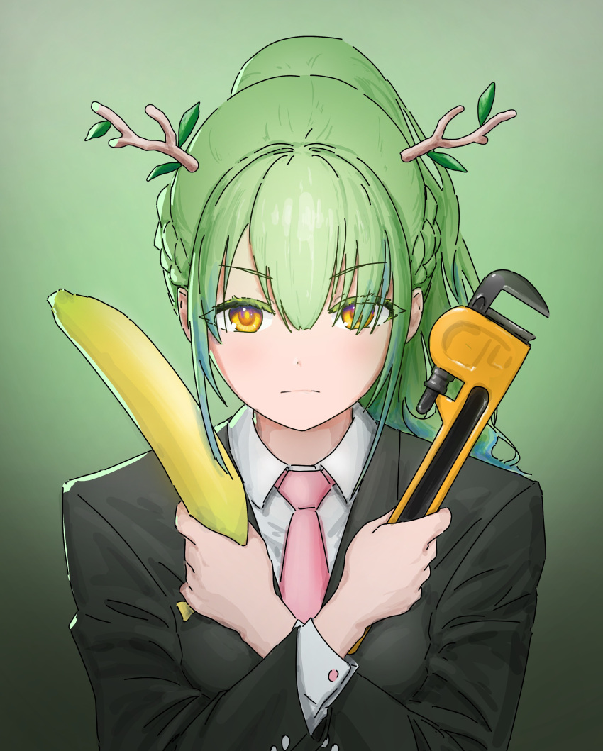 1girl absurdres alternate_costume alternate_hairstyle antlers artist_request banana blue_hair braid branch ceres_fauna closed_mouth collared_shirt food fruit gradient_background green_hair hair_over_one_eye high_ponytail highres hitman_(game) holding holding_food holding_fruit holding_wrench hololive hololive_english long_hair long_sleeves looking_at_viewer multicolored_hair necktie parted_bangs shirt solo streaked_hair suit virtual_youtuber white_shirt wrench yellow_eyes