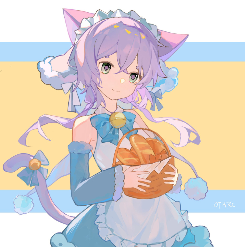 1girl animal_ears apron artist_name basket blue_bow blue_bowtie blue_dress bow bowtie breasts cat_ears cat_girl cat_tail closed_mouth crossed_bangs detached_sleeves dress green_eyes highres holding holding_basket maid_apron maid_headdress maimai_(game) otarc purple_hair salt_(maimai) short_hair smile solo tail upper_body white_apron