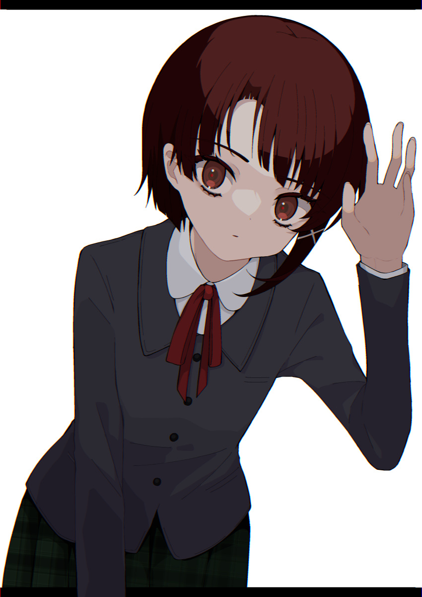 1girl absurdres brown_eyes brown_hair closed_mouth collared_shirt english_commentary green_skirt grey_jacket hair_ornament highres iwakura_lain jacket letterboxed looking_at_viewer neck_ribbon outside_border plaid plaid_skirt red_ribbon ribbon school_uniform serial_experiments_lain shirt short_hair single_sidelock skirt solo takae_(poupee_en_biscuit) waving white_shirt x_hair_ornament