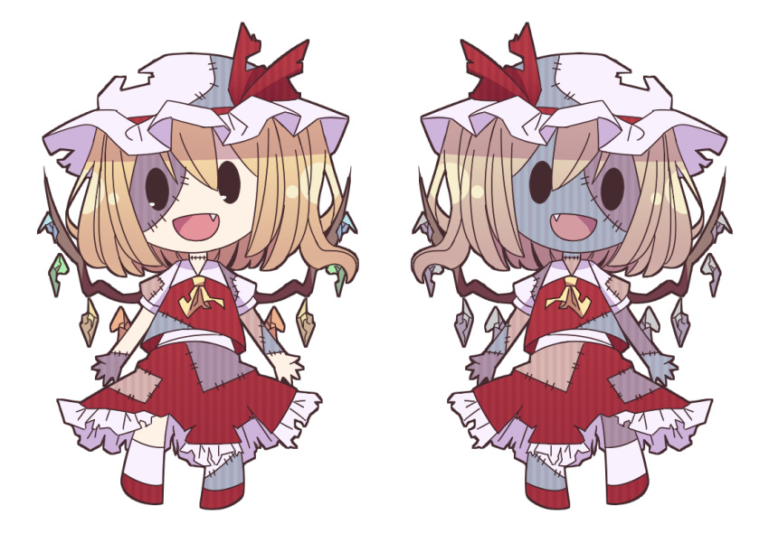 1girl :d blonde_hair chibi comiket_89 crystal fang flandre_scarlet hair_between_eyes hat hat_ribbon open_mouth patchwork_clothes puffy_short_sleeves puffy_sleeves red_footwear red_ribbon red_skirt red_vest ribbon shirt short_sleeves skirt skirt_set smile socks solid_oval_eyes torn_clothes touhou ukishika vest white_headwear white_shirt white_socks wings zombie