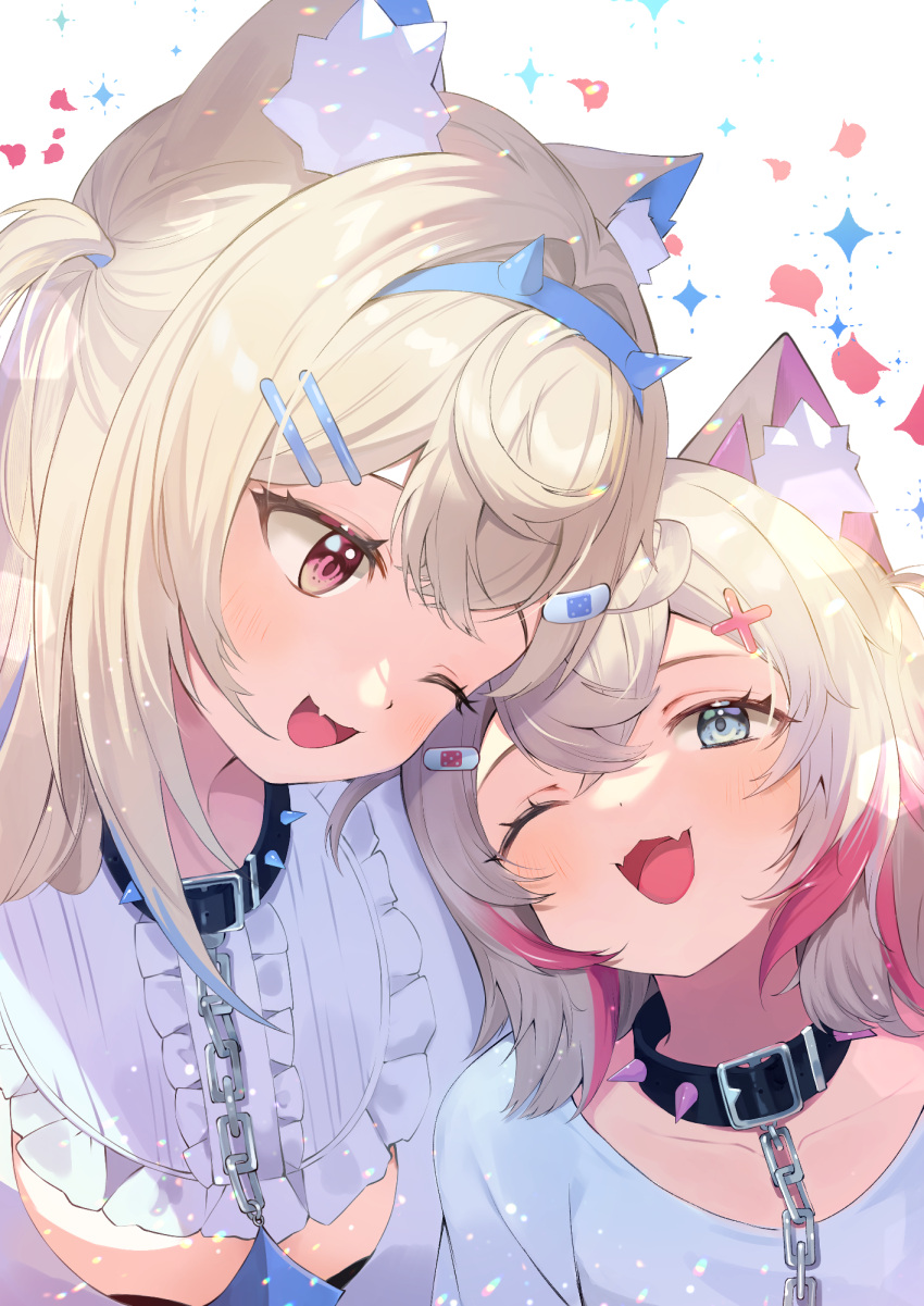 2girls belt_collar black_collar blonde_hair blue_eyes blue_hair blush collar dadada dress fang fangs fuwawa_abyssgard hair_ornament hairpin hand_up highres hololive hololive_english long_hair looking_at_another medium_hair mococo_abyssgard multicolored_hair multiple_girls open_mouth pink_eyes pink_hair shirt siblings sisters skin_fang skin_fangs smile spiked_collar spikes streaked_hair twins two_side_up virtual_youtuber white_background white_dress white_shirt x_hair_ornament
