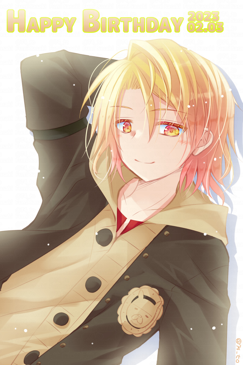 1boy absurdres amber_(fire_emblem) arm_behind_head arm_up black_jacket blonde_hair brown_jacket closed_mouth collarbone dated fire_emblem fire_emblem_engage hair_between_eyes happy_birthday highres jacket looking_at_viewer male_focus open_clothes open_jacket red_eyes sasaki_fumi simple_background smile solo twitter_username upper_body watermark white_background