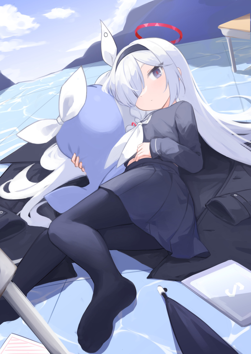 1girl absurdres black_coat black_hairband black_pantyhose black_serafuku black_skirt blue_archive closed_mouth coat coat_removed grey_eyes hair_over_one_eye hairband halo highres klaius long_hair long_sleeves looking_at_viewer pantyhose plana_(blue_archive) pleated_skirt red_halo sailor_collar school_uniform serafuku skirt solo tablet_pc white_hair white_sailor_collar