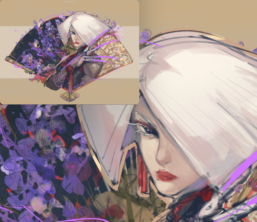 a.k.i._(street_fighter) capcom chinese_clothes claws earrings eyeliner flower hair_over_one_eye high_collar highres impossible_hair jewelry long_eyelashes makeup red_lips street_fighter tassel tassel_earrings white_hair wire