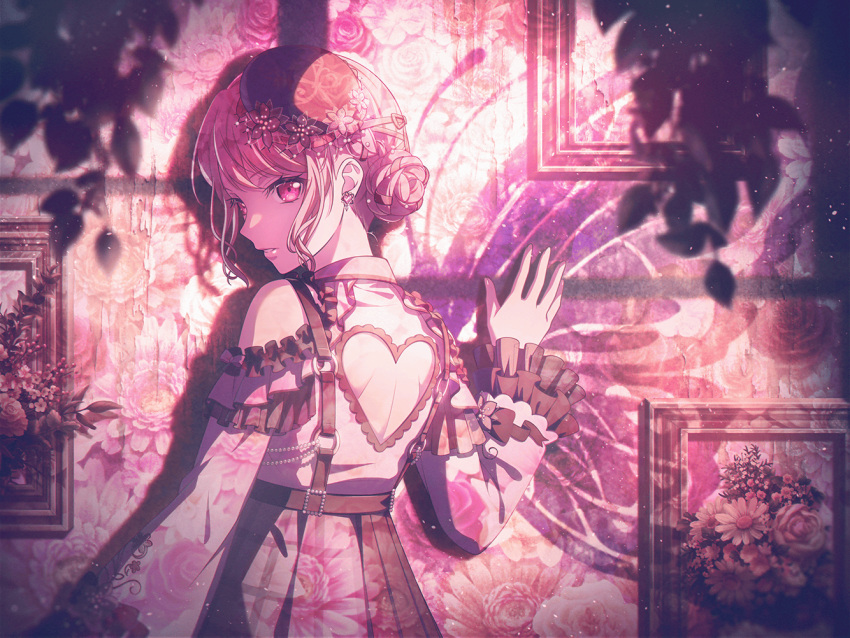 1girl back_cutout bang_dream! braid braided_bun breasts clothing_cutout dress earrings floral_background floral_print flower frilled_dress frills from_behind gem hair_bun hand_on_wall hand_up hanging_breasts hat hat_flower heart_cutout jewelry looking_back maruyama_aya o-ring official_art parted_lips pearl_(gemstone) picture_frame pink_eyes pink_hair pink_theme plant shoulder_cutout skirt solo third-party_source