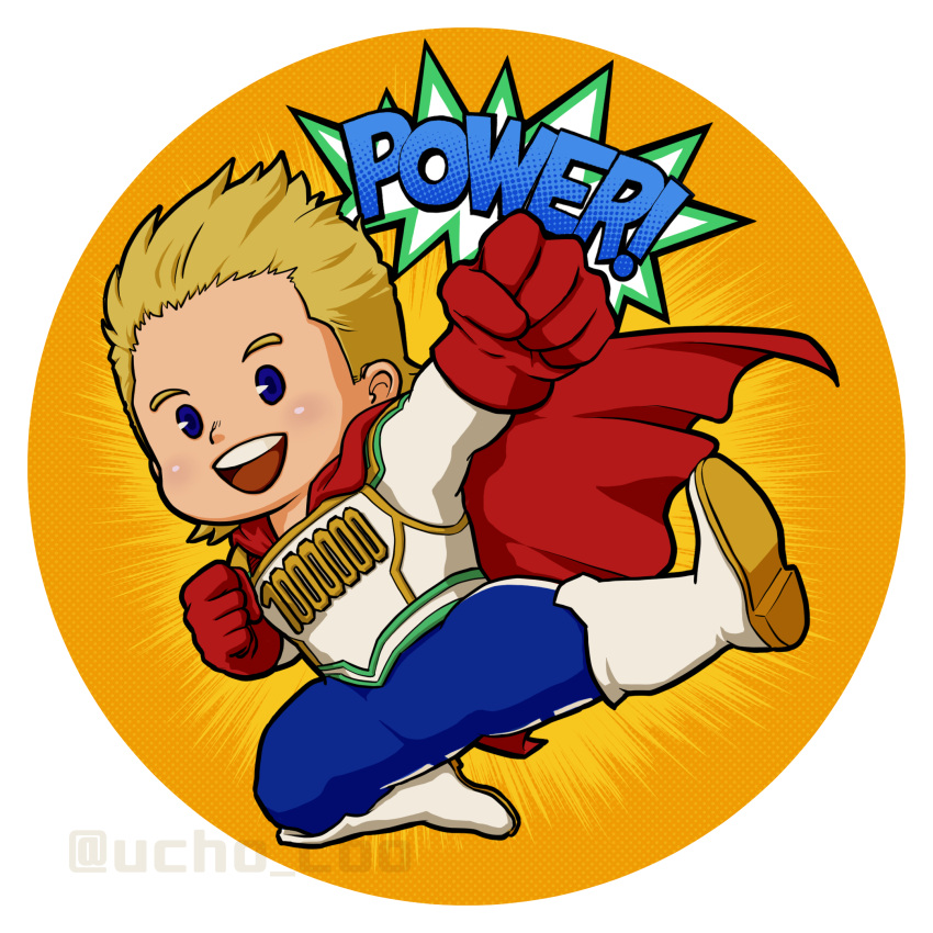 1boy blonde_hair blue_eyes bodysuit boku_no_hero_academia boots deformed english_text full_body highres kicking looking_at_viewer male_focus midair muscular muscular_male open_mouth pants short_hair smile solid_oval_eyes solo spiky_hair spread_legs superhero togata_mirio ucho_coo white_bodysuit