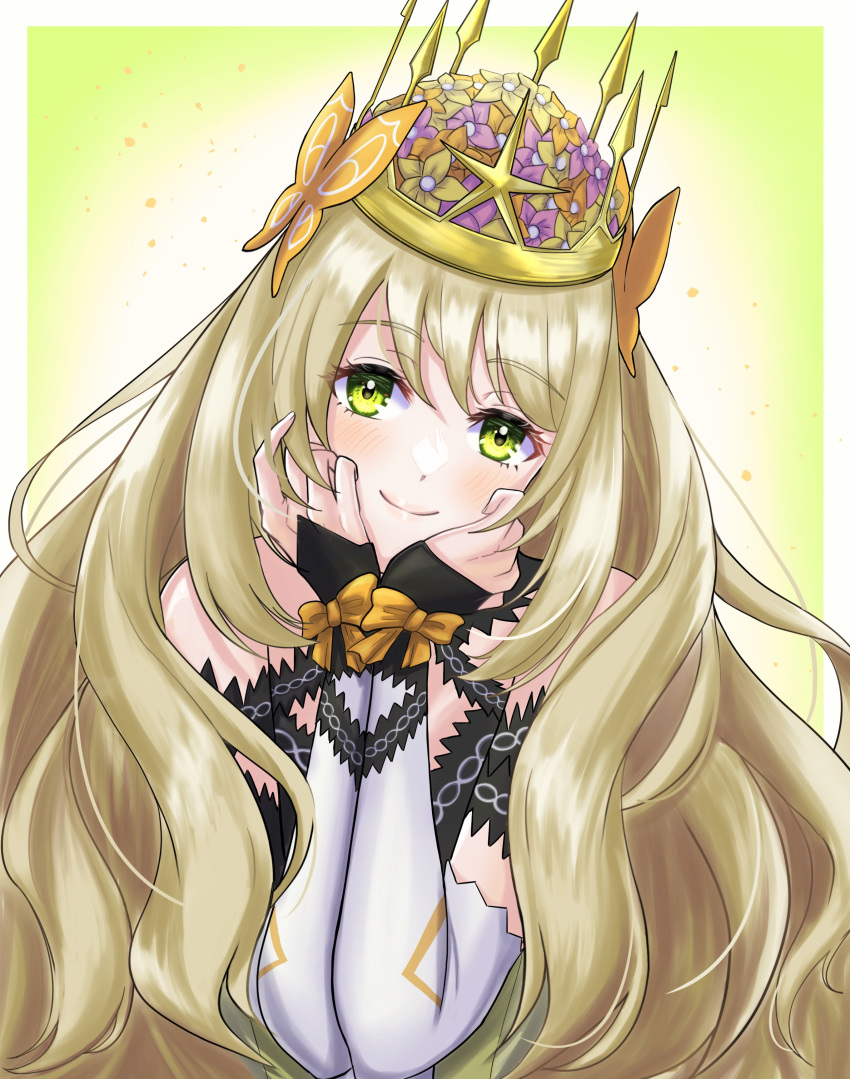 1girl absurdres blonde_hair bow butterfly_hair_ornament celine_(fire_emblem) closed_mouth crown detached_sleeves dress fire_emblem fire_emblem_engage flower green_eyes hair_flower hair_ornament hands_on_own_face highres kousetu0506 long_hair looking_at_viewer orange_bow smile solo upper_body very_long_hair wrist_bow