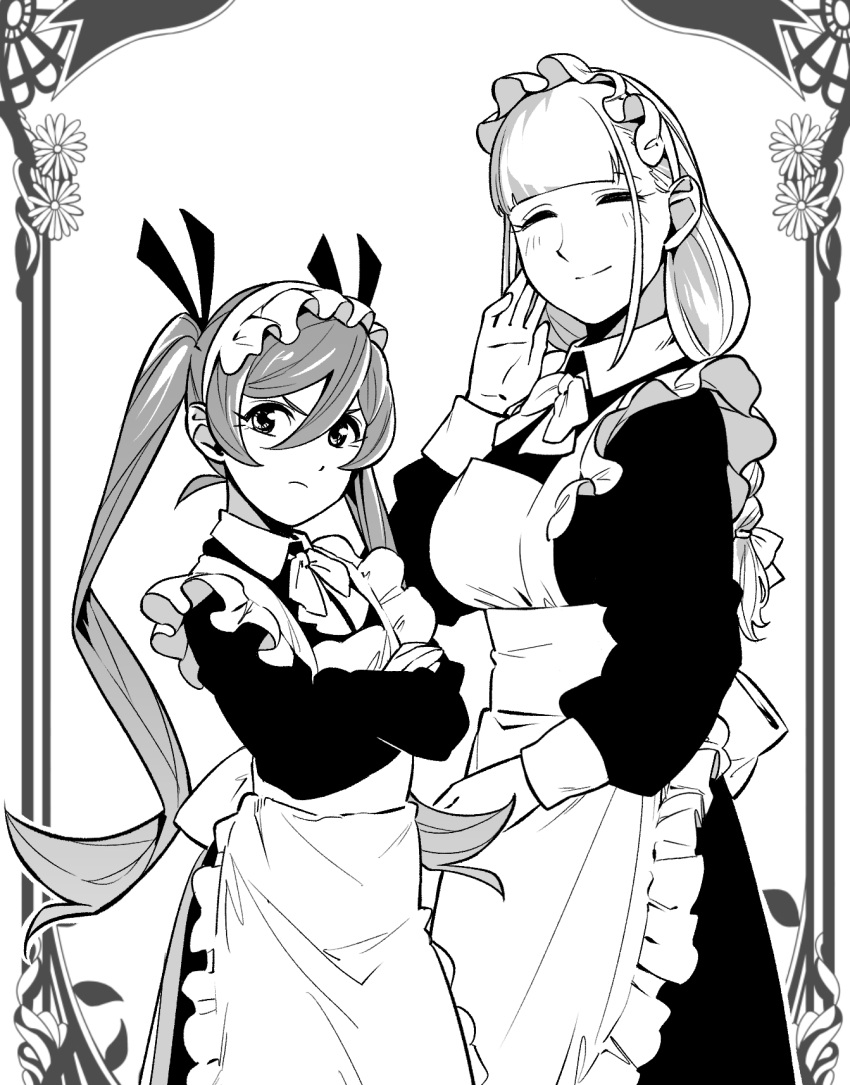 2girls apron blush bow bowtie braid breasts closed_eyes cowboy_shot crossed_arms flower frown greyscale hair_bow height_difference highres large_breasts light_smile looking_at_viewer maid maid_apron maid_headdress monochrome multiple_girls original ornate_border suzushiro_(suzushiro333) twintails