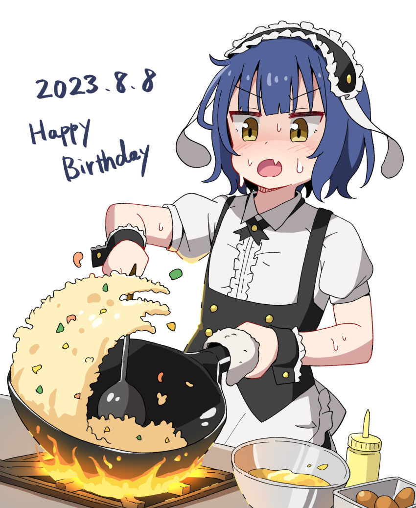 animal_ears apron black_hairband blue_hair blunt_bangs blush center_frills collared_shirt commentary_request cooking cowboy_shot cross_tie dated english_text fake_animal_ears fang fire flat_chest fleur_de_lapin_uniform flipping_food floppy_ears food fried_rice frilled_apron frilled_cuffs frilled_hairband frilled_shirt frills frying_pan gochuumon_wa_usagi_desu_ka? hairband happy_birthday highres holding holding_frying_pan holding_spoon jouga_maya looking_at_viewer maid_headdress mixing_bowl mohei open_mouth puffy_short_sleeves puffy_sleeves rabbit_ears shirt short_hair short_sleeves simple_background skin_fang spoon standing stove sweat underbust waist_apron white_apron white_background white_shirt wok wrist_cuffs yellow_eyes