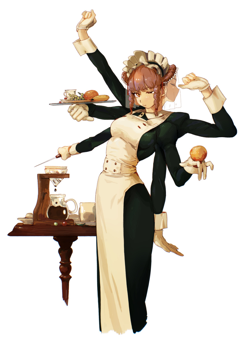 1girl absurdres apron banana bchan1582 black_dress braid coffee_maker_(object) cup dress extra_arms food fruit gloves highres maid maid_apron maid_headdress original puffy_sleeves saucer simple_background standing stretching tray waist_apron white_apron white_background wrist_cuffs