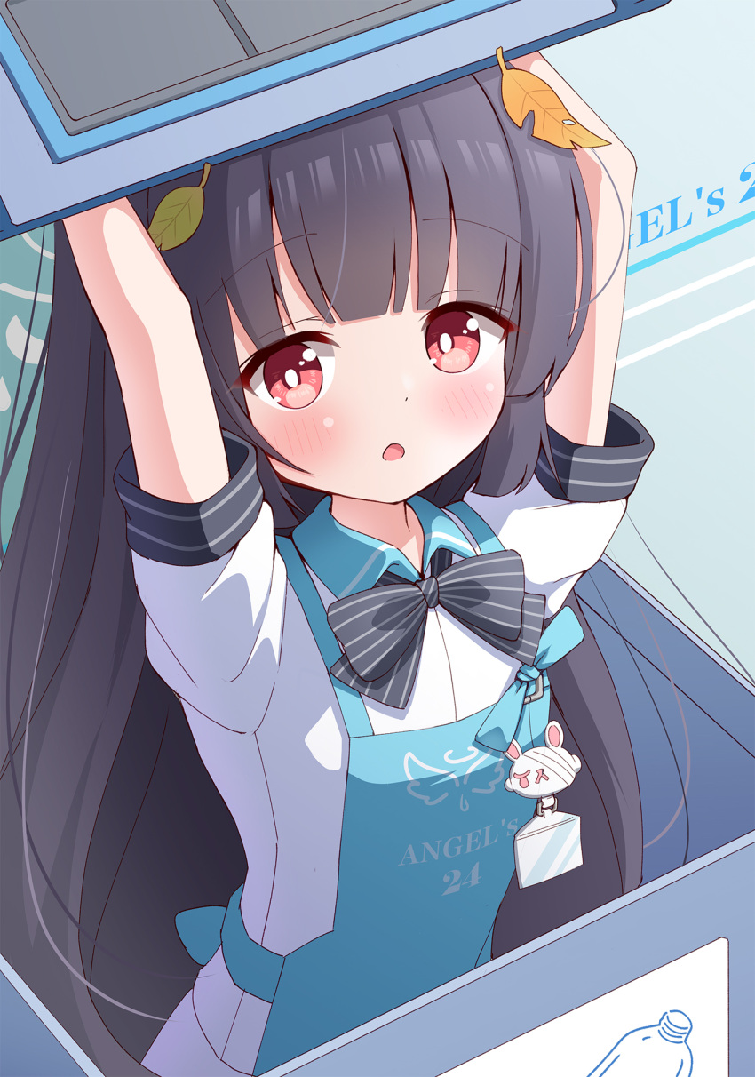 1girl apron arms_up azel_(laevateinn495) black_bow black_bowtie black_hair blue_apron blue_archive blunt_bangs blush bow bowtie commentary_request halo highres id_card in_trash_can leaf leaf_on_head long_hair looking_at_viewer miyu_(blue_archive) official_alternate_costume parted_lips recycle_bin red_eyes shirt short_sleeves sidelocks solo trash_can white_shirt