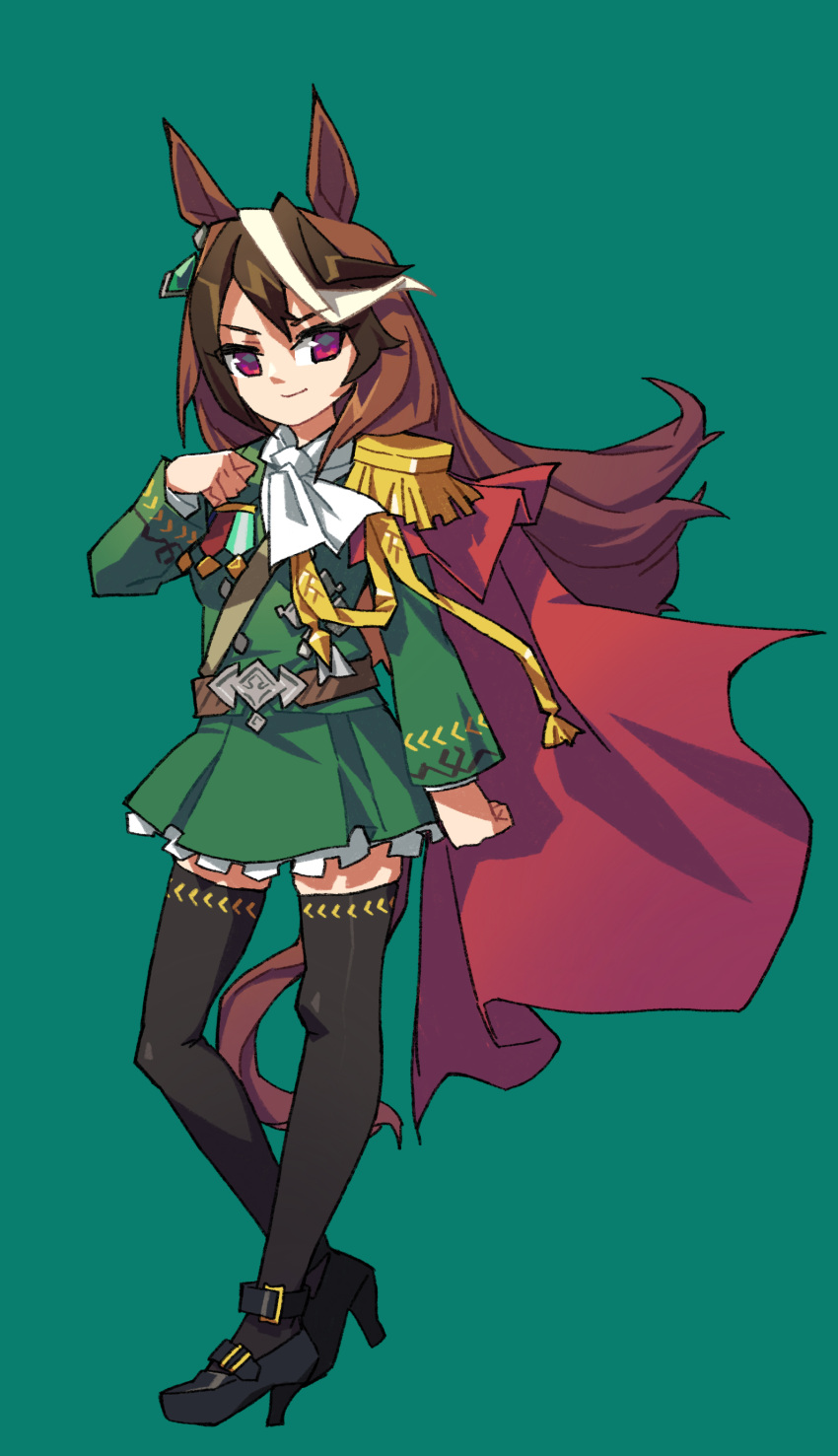 1girl absurdres animal_ears arm_at_side ascot belt black_footwear black_thighhighs breasts brown_hair closed_mouth earrings epaulettes full_body green_background green_jacket green_skirt hand_up high_heels highres horse_ears horse_girl horse_tail jacket jewelry long_hair looking_at_viewer medal miniskirt multicolored_hair shoulder_cape simple_background single_earring single_epaulette skirt small_breasts smile solo standing streaked_hair suzuhara_kenji symboli_rudolf_(umamusume) tail thigh-highs umamusume violet_eyes white_ascot