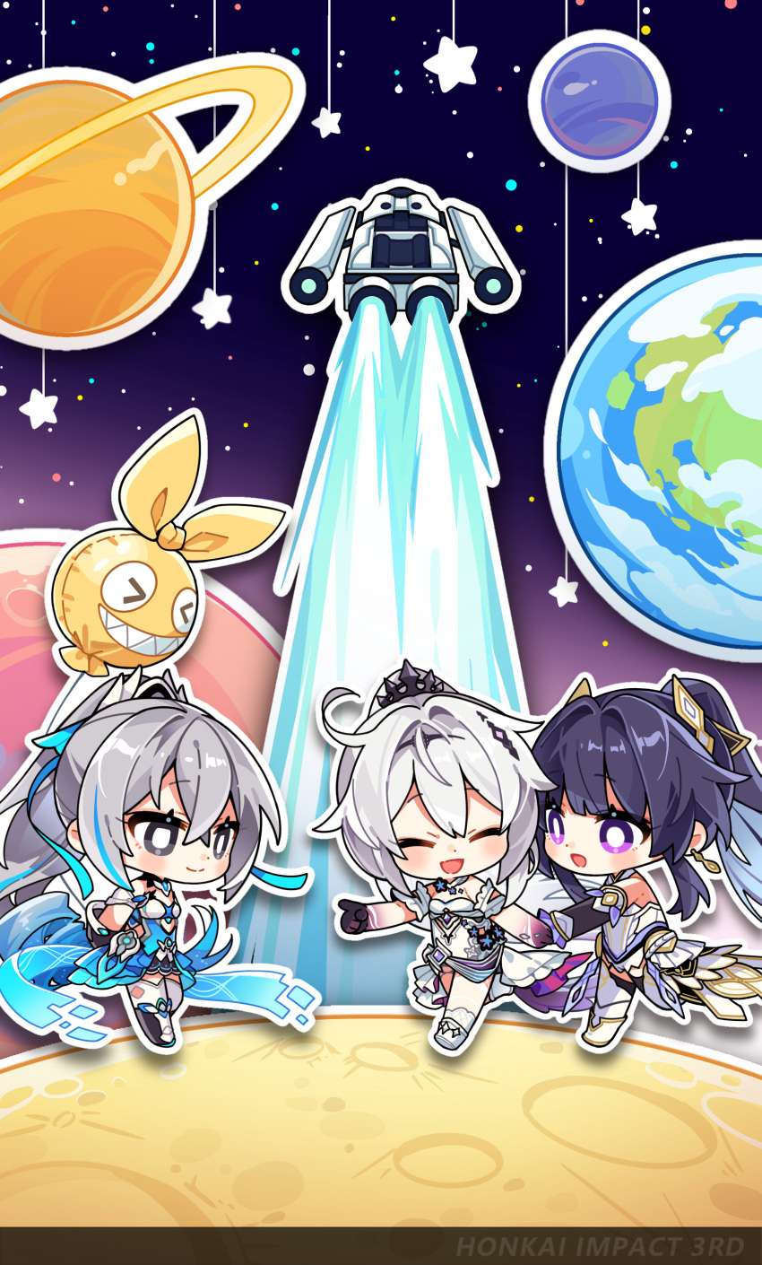 &gt;_&lt; 3girls :o absurdres ahoge arms_behind_back balloon bare_shoulders black_flower blush breasts bronya_zaychik bronya_zaychik_(herrscher_of_truth) chibi closed_eyes closed_mouth colored_inner_hair crossed_bangs crown detached_sleeves earth_(planet) flower full_body grey_eyes grey_hair hair_between_eyes happy high_ponytail highres holding_hands homu_(honkai_impact) honkai_(series) honkai_impact_3rd kiana_kaslana kiana_kaslana_(herrscher_of_finality) looking_at_another moon multicolored_hair multiple_girls night night_sky official_art official_wallpaper open_mouth planet pluto_(planet) pointing ponytail raiden_mei raiden_mei_(herrscher_of_origin) saturn_(planet) sky small_breasts smile space spacecraft star_(sky) streaked_hair violet_eyes white_armor
