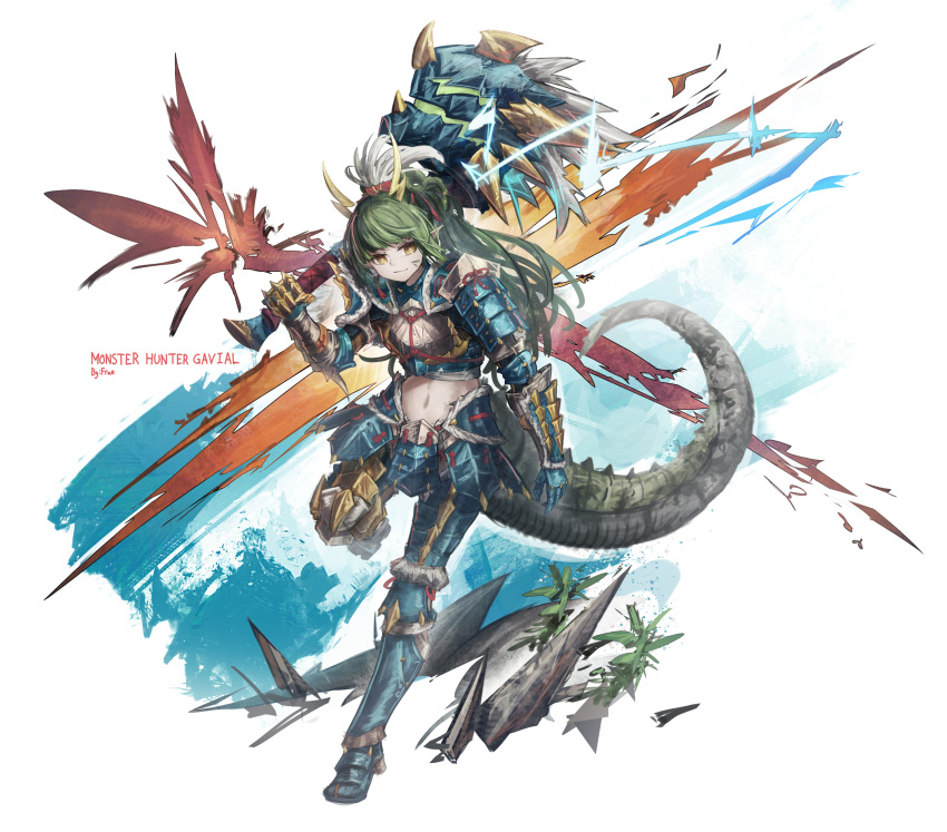 1girl absurdres alternate_costume arknights artist_name character_name copyright_name crocodilian_tail duplicate facial_mark franlol full_body gavial_(arknights) gavial_the_invincible_(arknights) grey_hair highres holding holding_weapon looking_at_viewer midriff monster_hunter_(series) multicolored_background pixel-perfect_duplicate pointy_ears solo tail weapon zinogre_(armor)