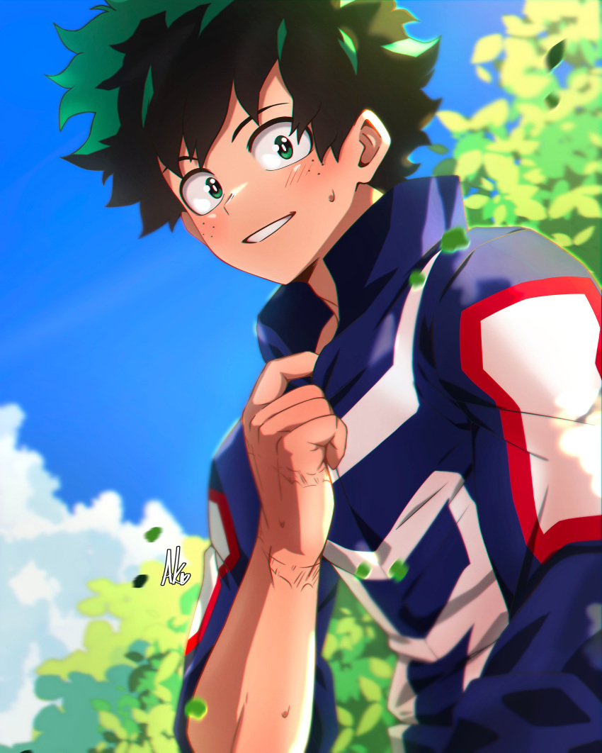 129akopricot 1boy absurdres blurry blurry_foreground blush boku_no_hero_academia bright_pupils chromatic_aberration clothes_grab clouds commentary day depth_of_field falling_leaves freckles from_side green_eyes green_hair hand_up high_collar highres jacket jacket_grab leaf light looking_at_viewer looking_to_the_side male_focus midoriya_izuku multiple_scars open_collar outdoors scar scar_on_arm scar_on_hand short_hair sidelighting signature sleeves_rolled_up smile soft_focus solo sunlight sweat track_jacket u.a._gym_uniform upper_body white_pupils