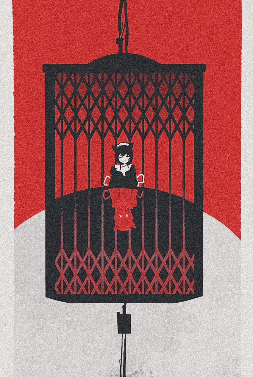 1girl abstract animal_ears black_dress black_hair chikyuu_no_ura_(cevio) closed_eyes closed_mouth commentary_request dress elbow_rest elevator elevator_door eyes_in_shadow facing_viewer film_grain head_tilt highres limited_palette long_sleeves maid maid_headdress own_hands_together pillarboxed red_background roundbee smile straight-on two-tone_background white_background wide_shot