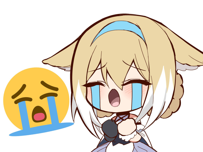 1girl animal_ears arknights black_gloves blonde_hair blue_hairband blush chibi closed_eyes commentary cowboy_shot crying crying_emoji dress emoji english_commentary fox_ears fox_girl gloves hairband highres kinbakuman meme multicolored_hair open_mouth sidelocks simple_background single_glove solo streaked_hair suzuran_(arknights) uohhhhhhhhh!_(meme) white_background white_dress white_hair