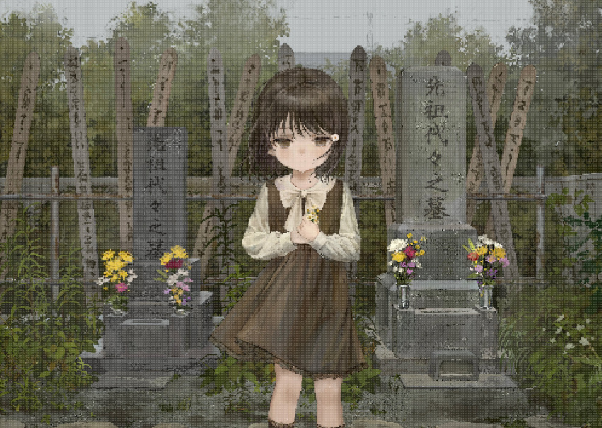 1girl absurdres brown_eyes brown_hair dress flower highres looking_at_viewer namuta original outdoors own_hands_together solo standing tagme tombstone translation_request