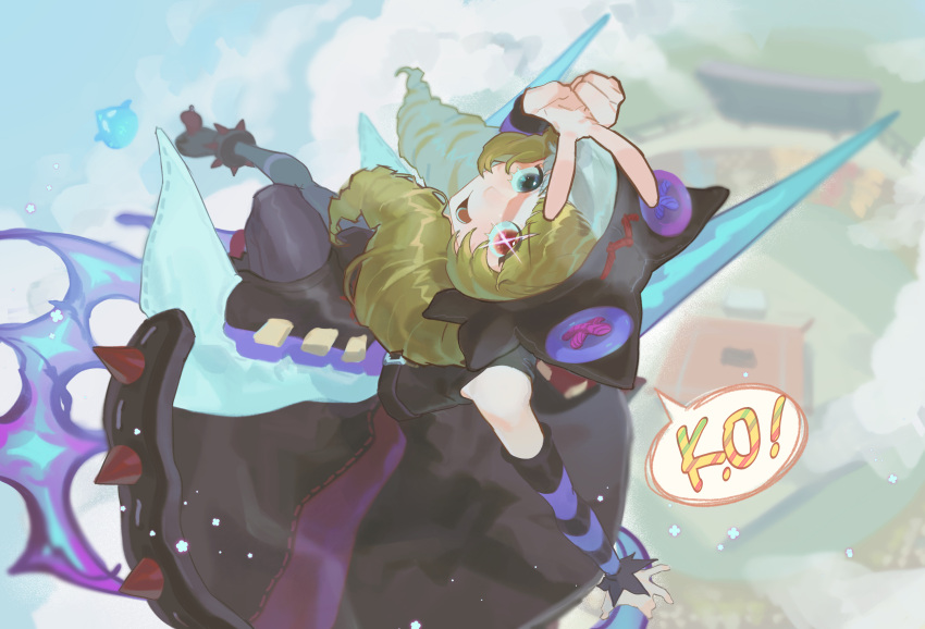 :d animal_ears arm_up black_dress black_pantyhose black_sleeves brown_hair buttons clouds detached_sleeves dress drill_hair fake_animal_ears from_above green_eyes grey_dress grey_hair gwen_(league_of_legends) happy heterochromia highres hood hood_up k.o. league_of_legends lower_teeth_only myobi_(f0r_l0l) pantyhose pink_sleeves red_eyes scissors smile soul_fighter_gwen speech_bubble striped_sleeves teeth twin_drills twintails