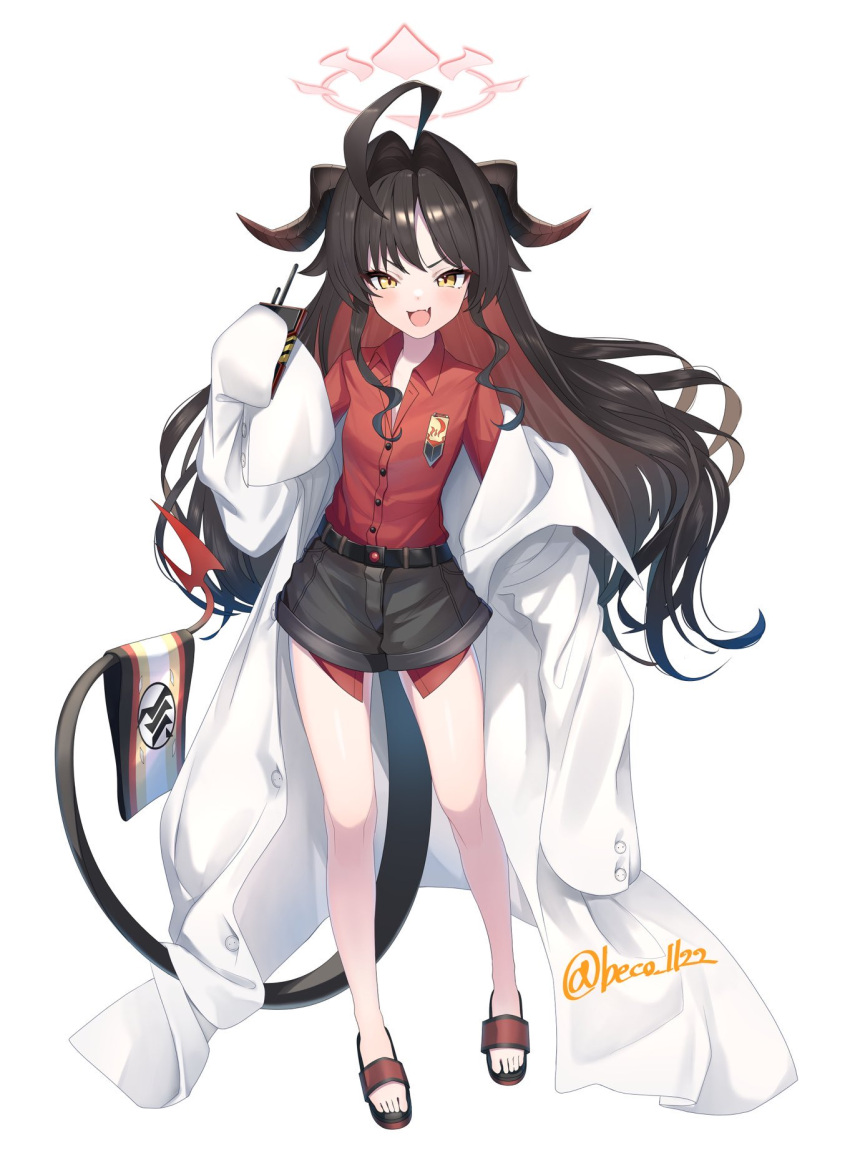 1girl ahoge armband beko_(beco_1122) black_hair black_shorts blue_archive collared_shirt colored_inner_hair commentary_request controller demon_horns demon_tail fang feet flat_chest gradient_hair hair_intakes halo highres horns huge_ahoge kasumi_(blue_archive) lab_coat legs long_hair multicolored_hair narrowed_eyes open_mouth partially_unbuttoned red_shirt redhead remote_control revision sandals shirt short_shorts shorts simple_background smile solo tail toes translation_request v-shaped_eyebrows very_long_hair wavy_hair white_background