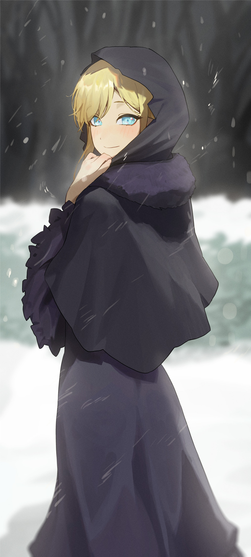1girl absurdres adjusting_hood alice_lendrott black_capelet black_hood blonde_hair blue_eyes capelet closed_mouth dress forest hand_blush hand_up highres hood hood_up kji_(rozo) light_blush long_dress looking_at_viewer looking_back nature outdoors purple_dress shinigami_bocchan_to_kuro_maid snow snowing solo standing winter