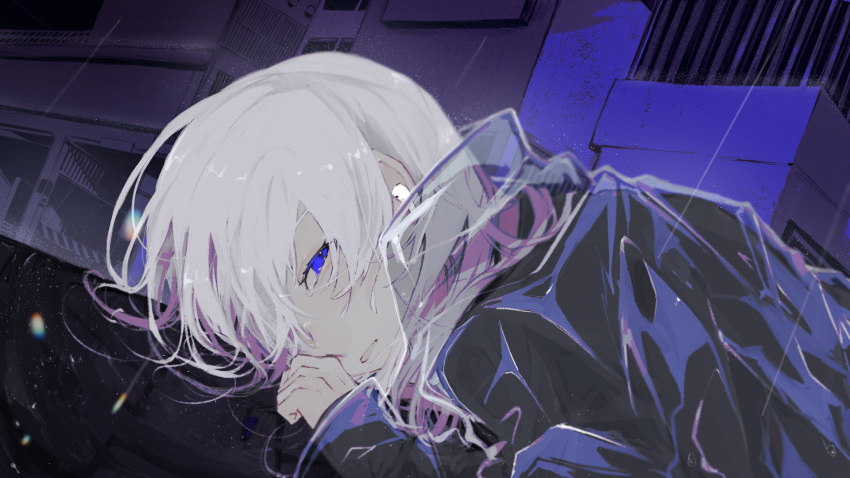 1girl airpods blue_eyes chromatic_aberration commentary_request highres jacket kajiwara_3 light_particles long_hair looking_at_viewer lying open_mouth original parted_lips purple_theme see-through see-through_jacket sidelocks solo white_hair wireless_earphones