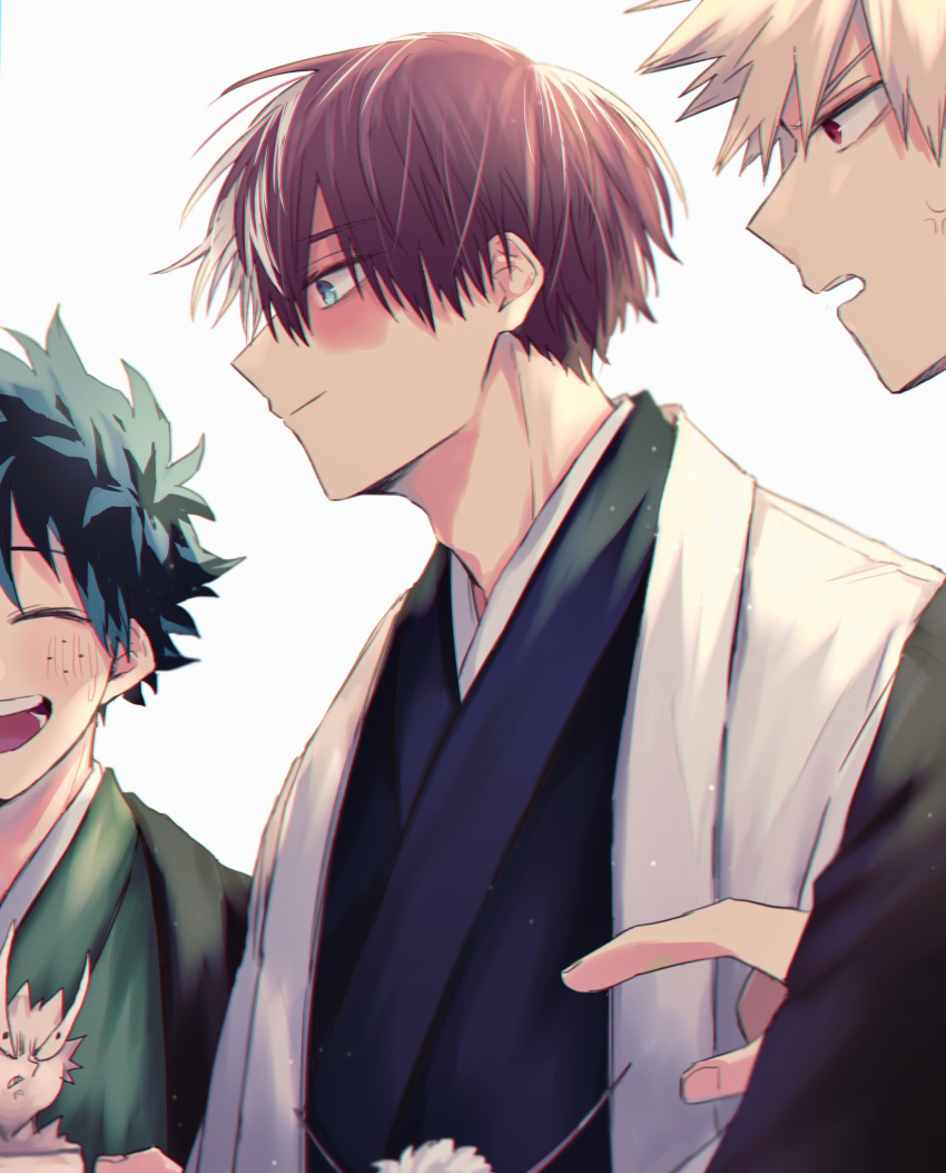 3boys absurdres adam's_apple alternate_hair_color anger_vein annoyed bakugou_katsuki black_eyes blonde_hair blue_eyes blue_hair blue_kimono blurry blush boku_no_hero_academia burn_scar closed_eyes closed_mouth creature depth_of_field eyes_visible_through_hair facing_another freckles from_side green_kimono hand_up haori highres japanese_clothes kimono looking_at_another male_focus midoriya_izuku multicolored_hair multiple_boys open_mouth pointing profile red_eyes redhead rio_18 sanpaku scar scar_on_face scowl short_hair sidelighting sideways_mouth simple_background smile spiky_hair teeth todoroki_shouto turning_head two-tone_hair upper_body upper_teeth_only white_background white_hair