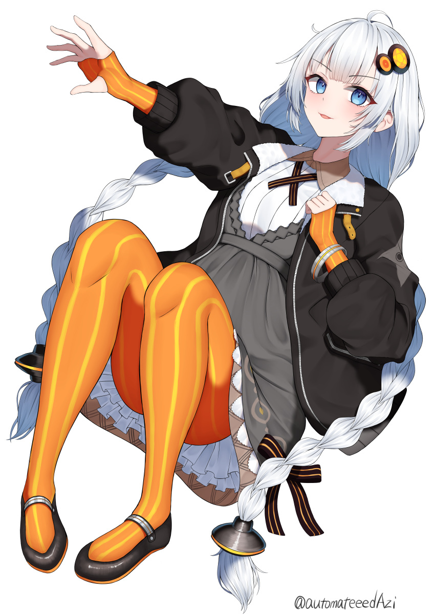 1girl :d absurdres arm_up blue_eyes blush braid breasts commentary_request dress fingerless_gloves full_body gloves hair_ornament hairpin hand_on_own_chest hand_up highres jacket kizuna_akari knees_up legs legs_apart long_hair looking_at_viewer lying m-&gt;g medium_breasts on_back open_clothes open_jacket orange_pantyhose outstretched_arm pantyhose smile solo striped striped_pantyhose thighs twin_braids twintails vertical-striped_pantyhose vertical_stripes very_long_hair vocaloid white_hair