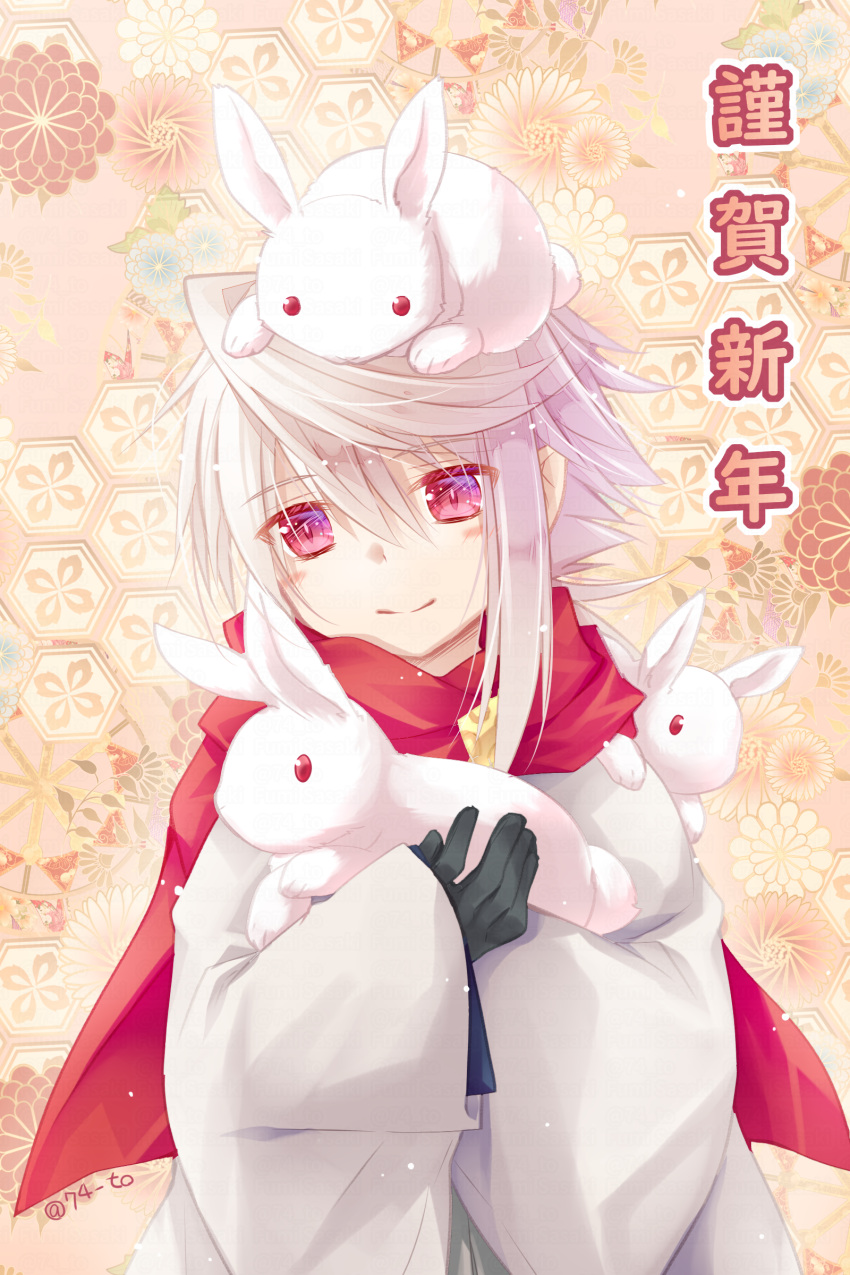 1boy absurdres animal black_gloves brown_background character_request check_character chinese_zodiac closed_mouth corrin_(male)_(new_year)_(fire_emblem) fire_emblem fire_emblem_fates gloves grey_hair grey_kimono hair_between_eyes highres japanese_clothes kimono long_sleeves rabbit red_eyes red_scarf sasaki_fumi scarf sleeves_past_wrists smile solo translation_request upper_body wide_sleeves year_of_the_rabbit