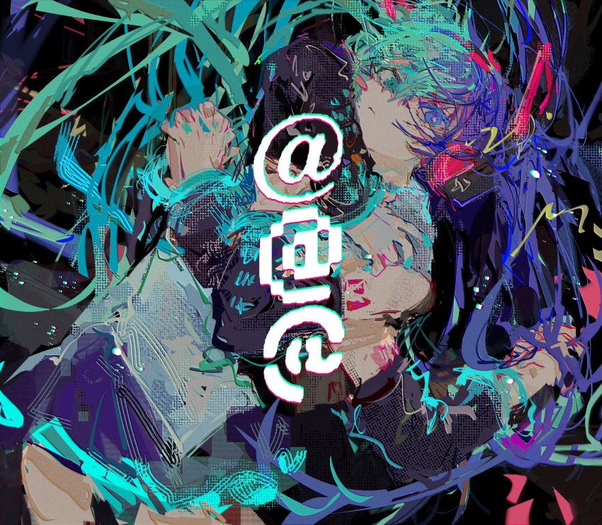 1girl @_(symbol) absurdly_long_hair alternate_hair_length alternate_hairstyle aqua_eyes aqua_hair black_background black_skirt blue_eyes blue_hair chimera_(vocaloid) closed_mouth clutching_chest commentary cowboy_shot expressionless extra_arms floating_hair grey_shirt hair_ornament hatsune_miku headphones heterochromia highres holding_own_hair leaning_back long_hair looking_at_viewer mismatched_pupils multicolored_hair nemiya own_hands_clasped own_hands_together shirt shoulder_tattoo single_blush_sticker single_empty_eye skirt sleeveless sleeveless_shirt solo split-color_hair stippling_(texture) tattoo very_long_hair vocaloid