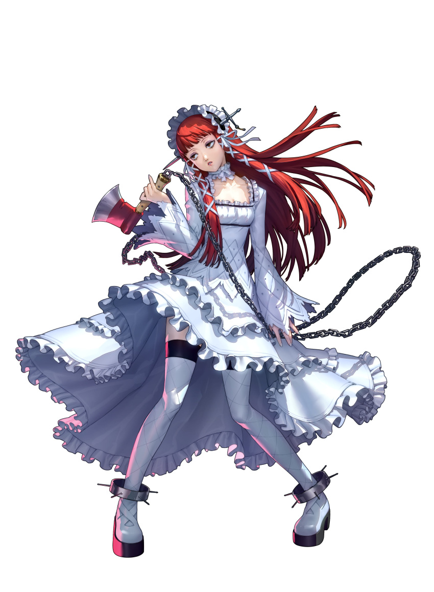 absurdres artist_request axe bow chain_weapon choker dress english_commentary frilled_dress frills full_body gothic_lolita hair_ornament high_heels highres holding holding_axe holding_weapon lolita_fashion long_sleeves official_art persona persona_3 persona_3_reload redhead thigh-highs weapon white_background white_choker white_dress white_thighhighs yoshino_chidori