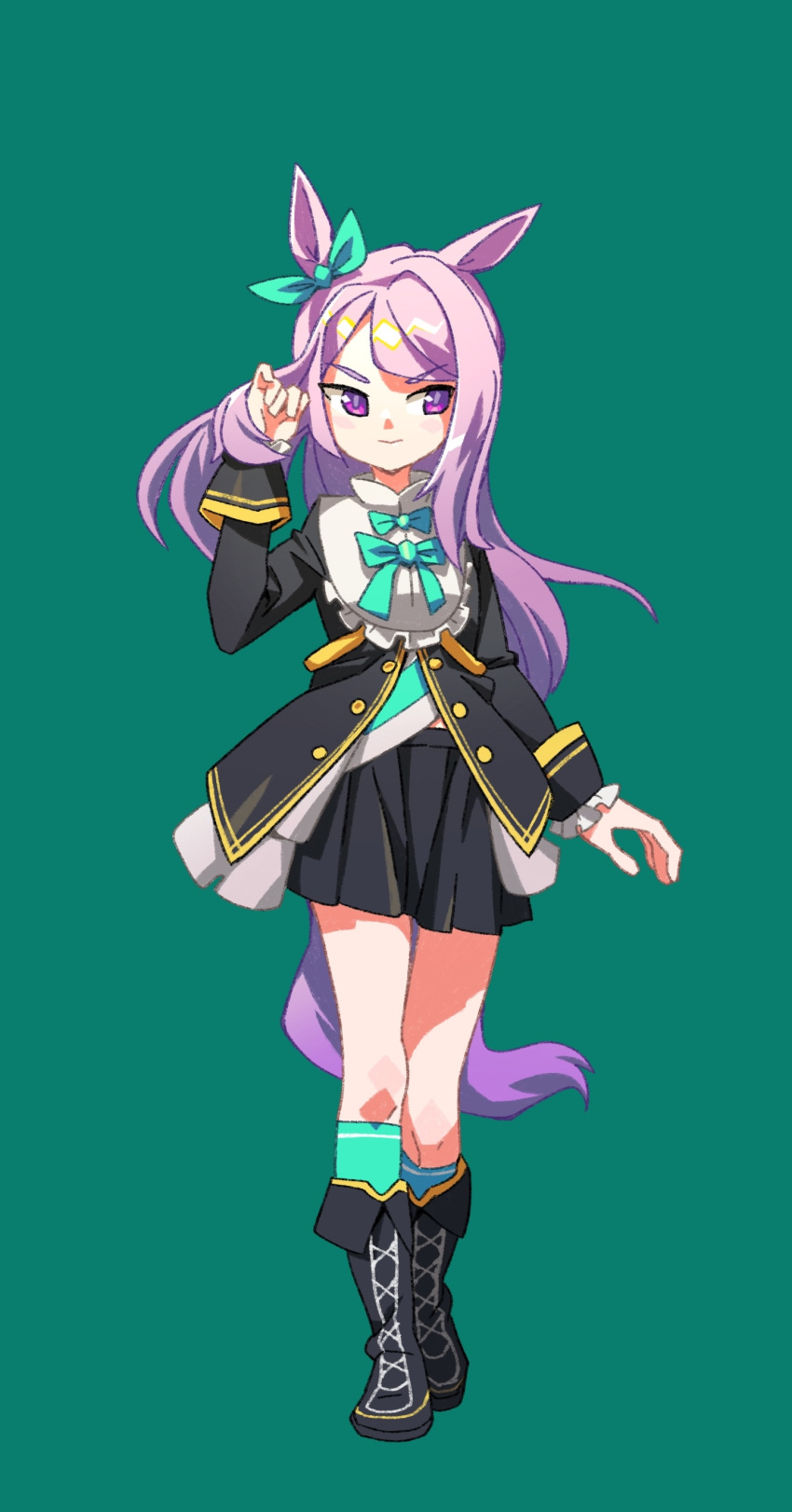 1girl absurdres animal_ears black_coat black_footwear black_skirt boots bow bowtie closed_mouth coat ear_bow full_body green_background green_socks hair_tucking hand_up highres horse_ears horse_girl horse_tail long_hair long_sleeves looking_to_the_side mejiro_mcqueen_(racehorse) purple_hair shirt simple_background skirt smile socks solo standing suzuhara_kenji tail umamusume v-shaped_eyebrows violet_eyes