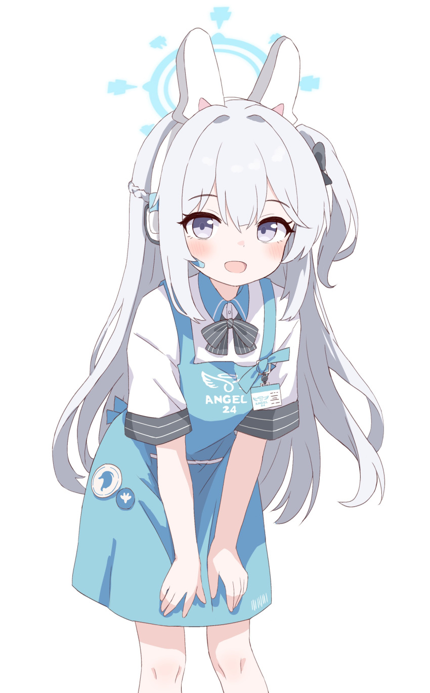 1girl absurdres animal_ears apron black_bow black_bowtie blue_apron blue_archive blue_halo blush bow bowtie braid clothes_writing collared_shirt fake_animal_ears feet_out_of_frame grey_hair hair_between_eyes halo highres leaning_forward long_hair looking_at_viewer miyako_(blue_archive) official_alternate_costume one_side_up open_mouth polo_shirt rabbit_ears shirt short_sleeves simple_background smile solo violet_eyes white_background white_shirt yukisiannn