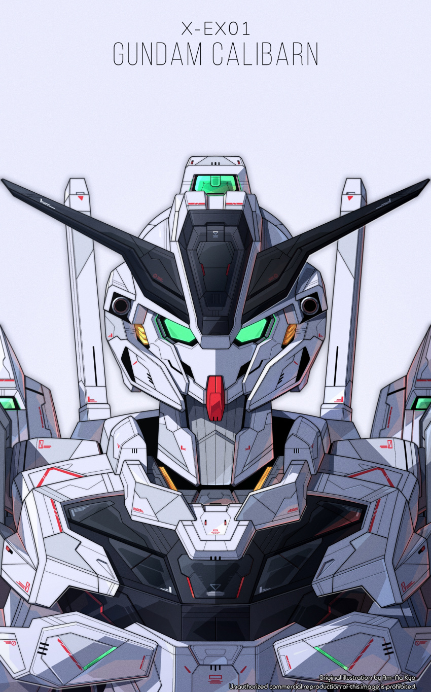 absurdres azzalea character_name green_eyes grey_background gundam gundam_calibarn gundam_suisei_no_majo highres looking_at_viewer mecha mobile_suit no_humans portrait robot science_fiction simple_background solo straight-on v-fin