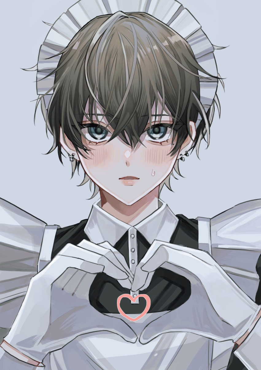 1boy apron blue_eyes blush commentary earrings gloves grey_background hair_between_eyes heart heart_hands highres jewelry looking_at_viewer maid maid_apron maid_headdress male_focus open_mouth original parted_lips short_hair simple_background smile solo sosaku_25 sweatdrop symbol-only_commentary upper_body white_gloves