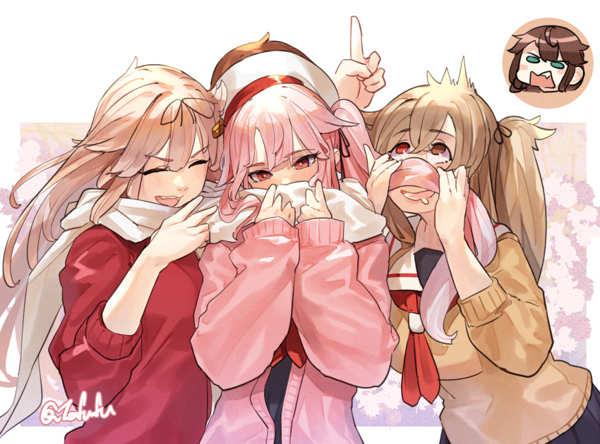 4girls beret black_ribbon blonde_hair brown_eyes brown_hair brown_sweater cardigan commentary_request drooling fuwafuwatoufu hair_flaps hair_ribbon harusame_(kancolle) hat highres index_finger_raised kantai_collection light_brown_hair long_hair long_sleeves mouth_drool multiple_girls murasame_(kancolle) neckerchief pink_cardigan pink_eyes pink_hair red_neckerchief red_sweater ribbon scarf shared_clothes shared_scarf shigure_(kancolle) side_ponytail simple_background smelling sweater twintails twitter_username white_scarf yuudachi_(kancolle) yuudachi_kai_ni_(kancolle)