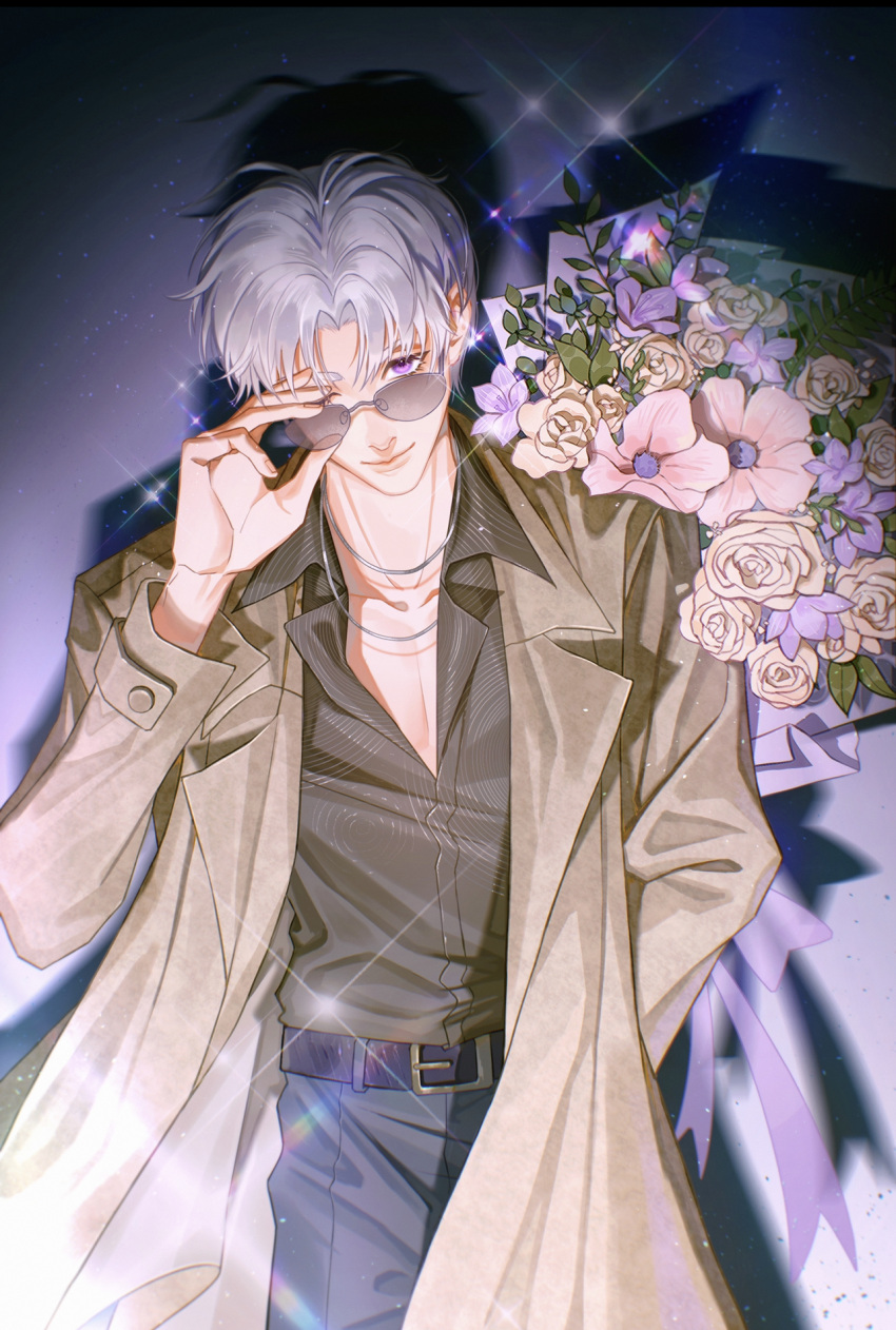 1boy arm_behind_back arm_up black_shirt bouquet brown_coat charlie_su coat cowboy_shot eyelashes flower glasses head_tilt highres holding holding_bouquet light_and_night_love lililixia looking_at_viewer male_focus one_eye_closed purple_ribbon removing_eyewear ribbon rose shirt short_hair smile sparkle violet_eyes white_hair yellow_flower yellow_rose