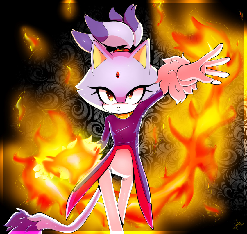1girl absurdres animal_ears blaze_the_cat cat_ears cat_girl cat_tail eyelashes fire forehead_jewel fur-trimmed_gloves fur_trim gloves gold_necklace hand_up highres jacket jewelry looking_at_viewer necklace pants purple_fur purple_jacket pyrokinesis sonic_(series) tail white_gloves white_pants xxkenthewolfxx yellow_eyes