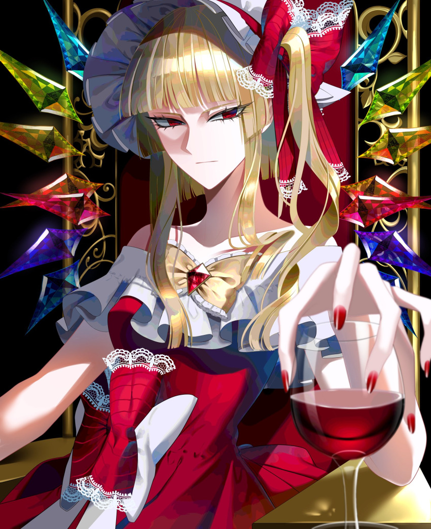 1girl bare_shoulders blonde_hair blunt_bangs bow crystal cup dress drinking_glass eyelashes flandre_scarlet frilled_bow frills hat highres medium_hair nubezon one_side_up red_bow red_dress red_eyes red_nails red_wine sidelocks solo touhou v-shaped_eyebrows wine_glass wings