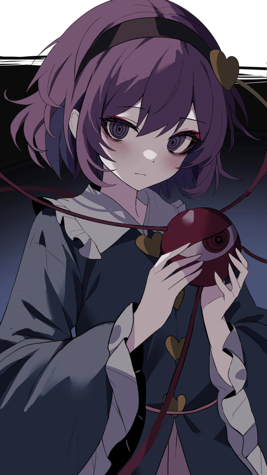1girl black_hairband blouse blue_shirt blush buttons closed_mouth expressionless frilled_shirt_collar frilled_sleeves frills hair_between_eyes hair_ornament hairband hands_up heart heart_button heart_hair_ornament highres komeiji_satori long_sleeves looking_at_viewer purple_hair red_eyes ringed_eyes shirt short_hair solo third_eye touhou upper_body usuuuv violet_eyes