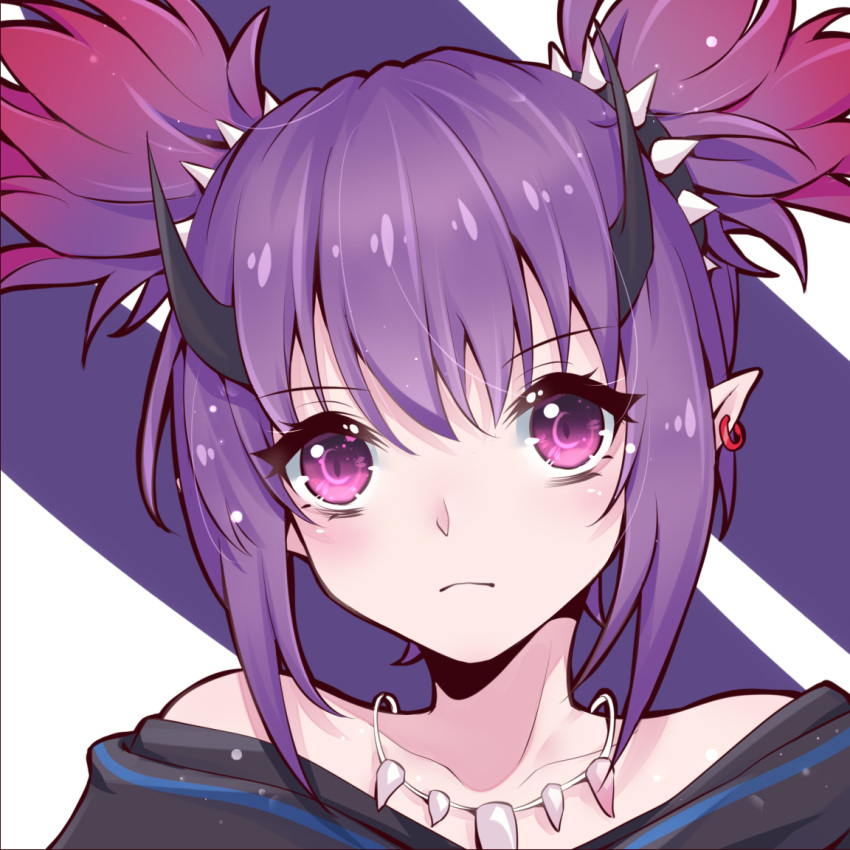 1girl arknights black_horns black_shirt closed_mouth collarbone earrings eyelashes frown horns jewelry lava_(arknights) looking_at_viewer necklace pointy_ears portrait purple_hair shirt spikes twintails varinr violet_eyes