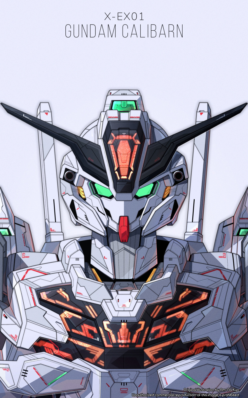absurdres azzalea character_name green_eyes grey_background gundam gundam_calibarn gundam_suisei_no_majo highres looking_at_viewer mecha mobile_suit no_humans portrait robot science_fiction simple_background solo straight-on v-fin