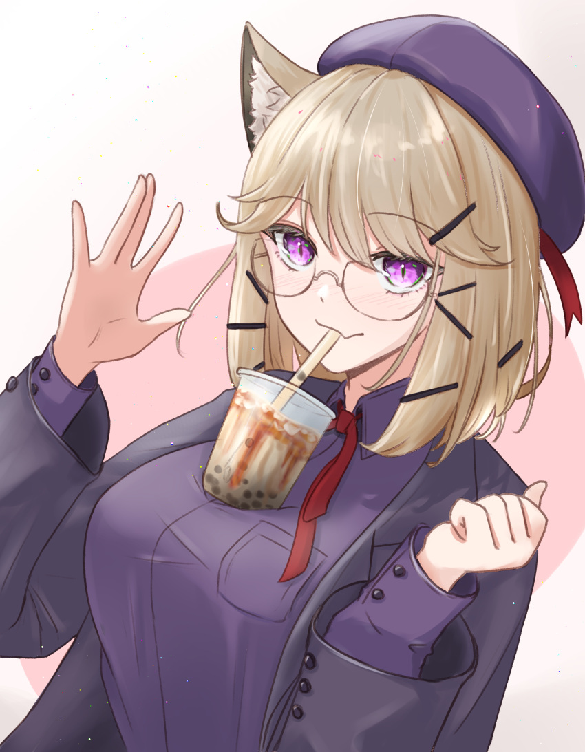 1girl absurdres animal_ear_fluff animal_ears arknights beret breasts bubble_tea_challenge cat_ears drink drinking drinking_straw drinking_straw_in_mouth glasses hair_ornament hairclip hat highres jacket large_breasts layered_sleeves light_brown_hair looking_at_viewer milk_tea open_clothes open_jacket purple_jacket purple_shirt runyo_(yale12312) shirt smile solo utage_(arknights) utage_(disguise)_(arknights) violet_eyes