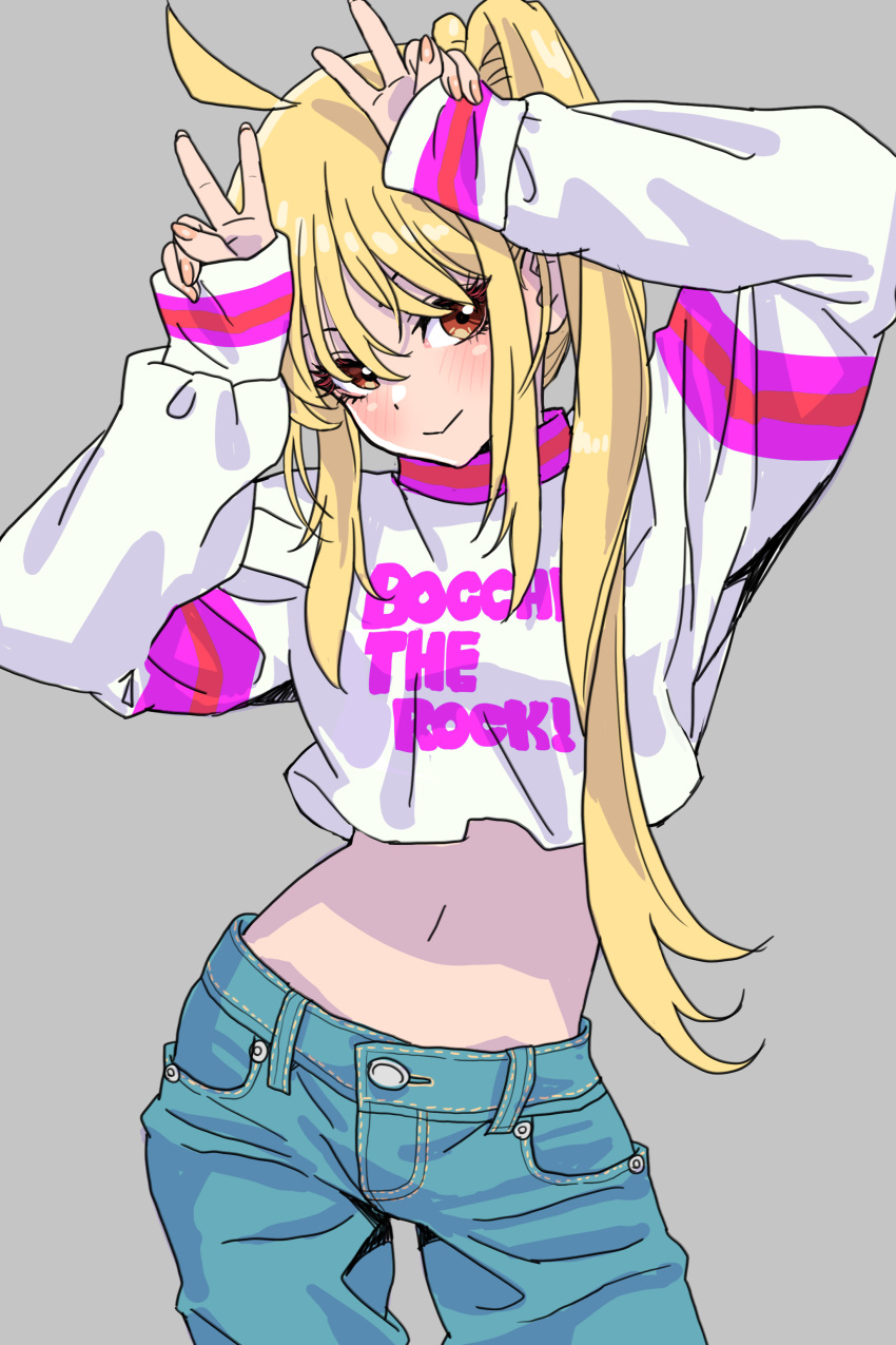 1girl absurdres ahoge arms_up blonde_hair bocchi_the_rock! brown_eyes closed_mouth contrapposto copyright_name cowboy_shot crop_top denim detached_ahoge double_v grey_background highres ijichi_nijika jacket jeans long_hair long_sleeves looking_at_viewer navel pants print_jacket simple_background solo standing straight-on v white_jacket yamashita_shun'ya