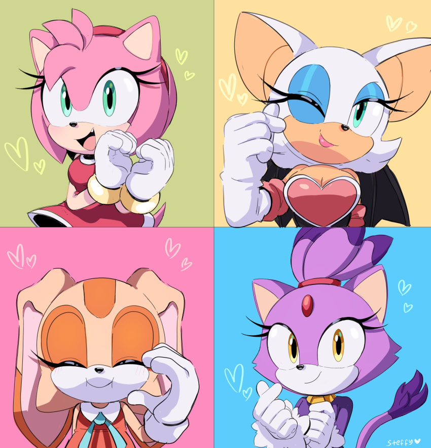 4girls amy_rose animal_ears bad_id bad_twitter_id bat_ears bat_girl bat_wings blaze_the_cat blue_eyeshadow blue_ribbon cat_ears cat_girl cat_tail closed_eyes cream_the_rabbit dress eyelashes eyeshadow forehead_jewel fur-trimmed_gloves fur_trim gloves gold_necklace green_eyes heart highres jewelry makeup multiple_girls necklace one_eye_closed pink_fur purple_fur rabbit_ears rabbit_girl red_dress ribbon rouge_the_bat smile sonic_(series) steffybs tail white_fur white_gloves wings yellow_eyes
