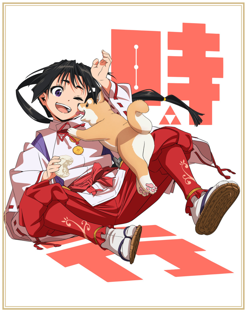 1boy ;d animal artist_request black_hair border dog eyelashes happy highres hojo_tokiyuki_(nigejozu_no_wakagimi) japanese_clothes long_hair looking_at_another nigejozu_no_wakagimi official_art one_eye_closed open_mouth promotional_art sandals simple_background smile solo source_request translation_request violet_eyes white_background
